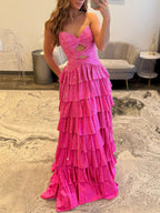 Vestido largo de fiesta de satén línea A sin tirantes con escote corazón y abertura en la espalda