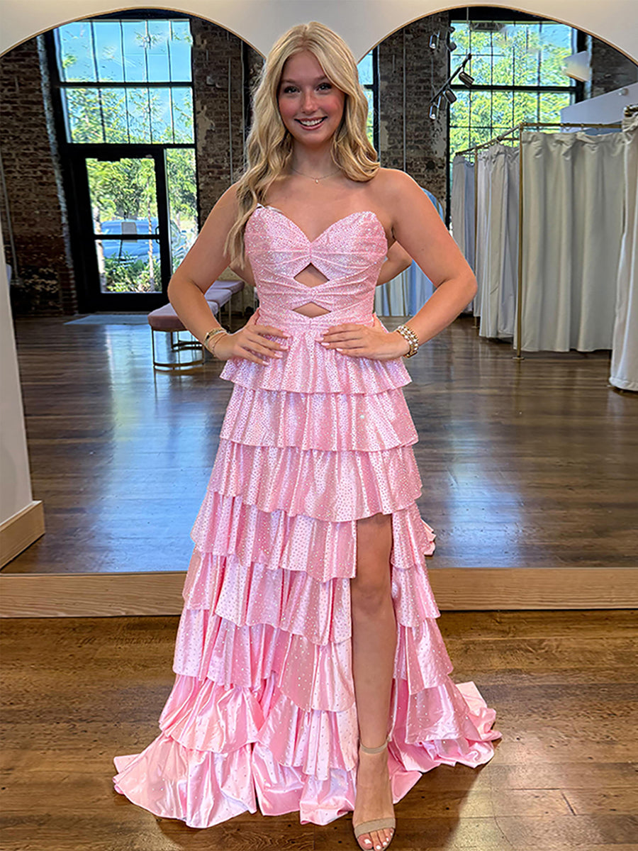 Vestido largo de fiesta de satén línea A sin tirantes con escote corazón y abertura en la espalda