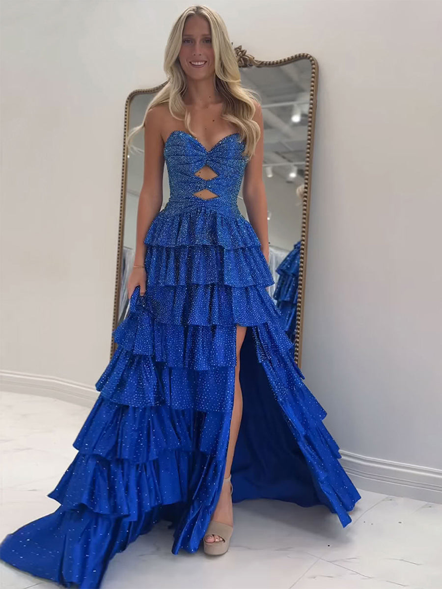 A-Linien trägerloses Herz-Ausschnitt Satin langes Ballkleid mit Schlitz
