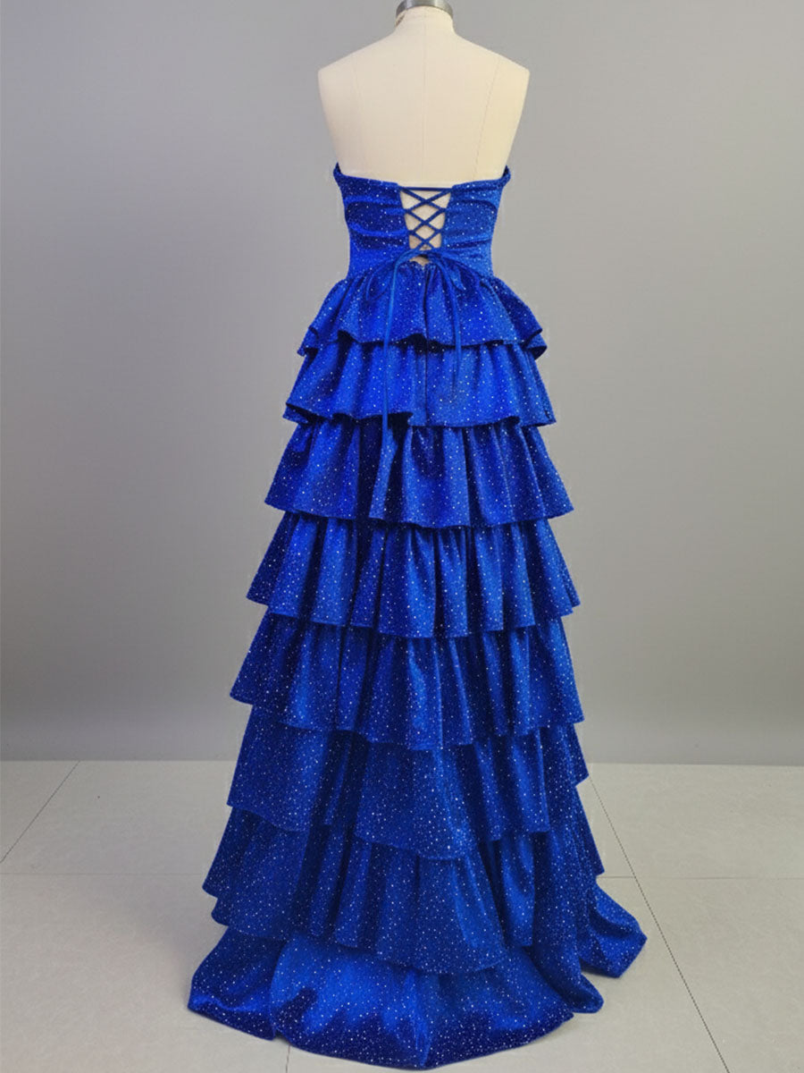 Vestido largo de fiesta de satén línea A sin tirantes con escote corazón y abertura en la espalda