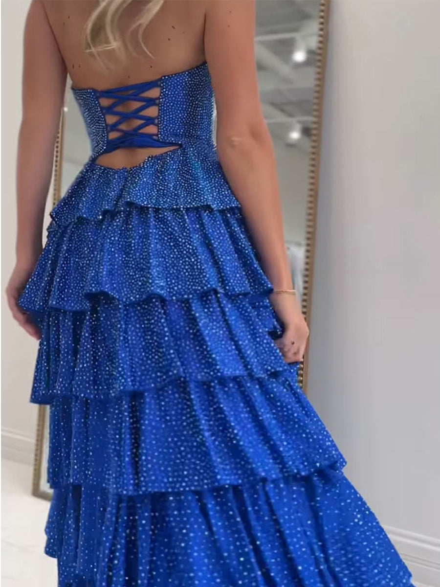 Vestido largo de fiesta de satén línea A sin tirantes con escote corazón y abertura en la espalda