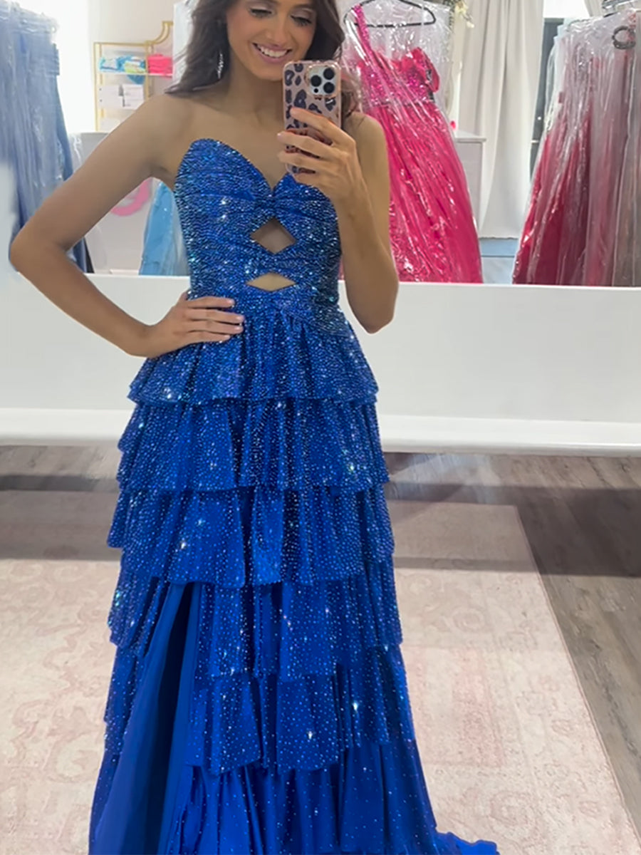 Vestido largo de fiesta de satén línea A sin tirantes con escote corazón y abertura en la espalda