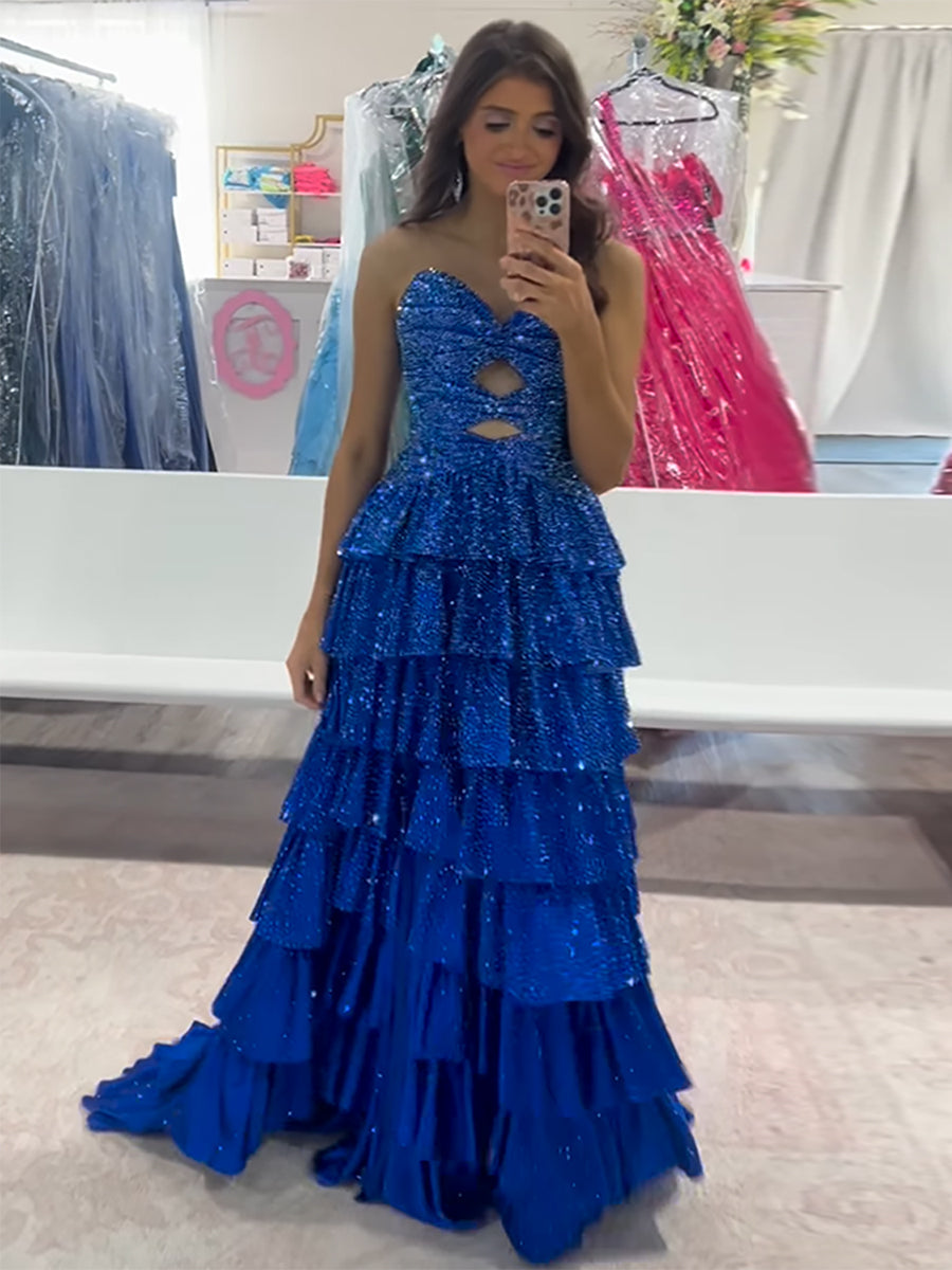 Vestido largo de fiesta de satén línea A sin tirantes con escote corazón y abertura en la espalda