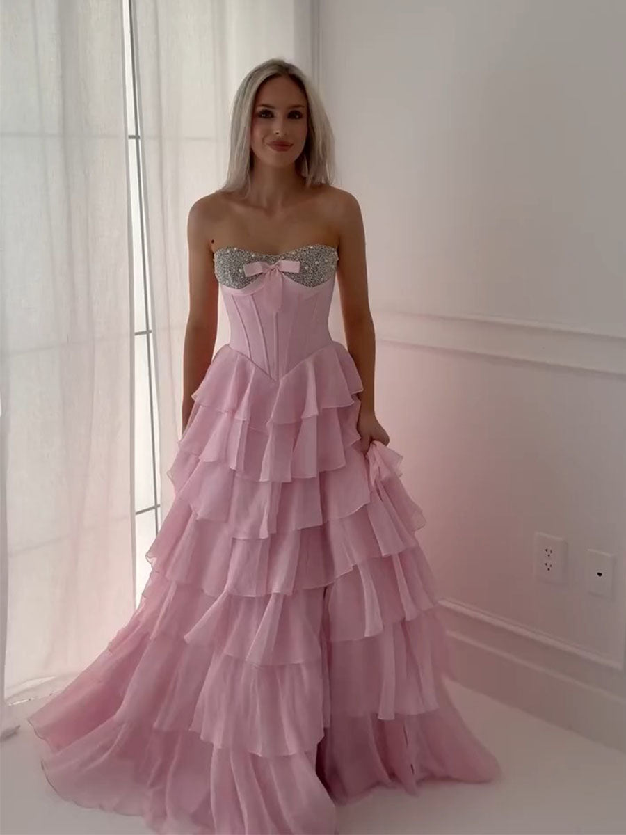 A-Linien Sweetheart Stufen Chiffon langes Ballkleid mit Perlenbesatz