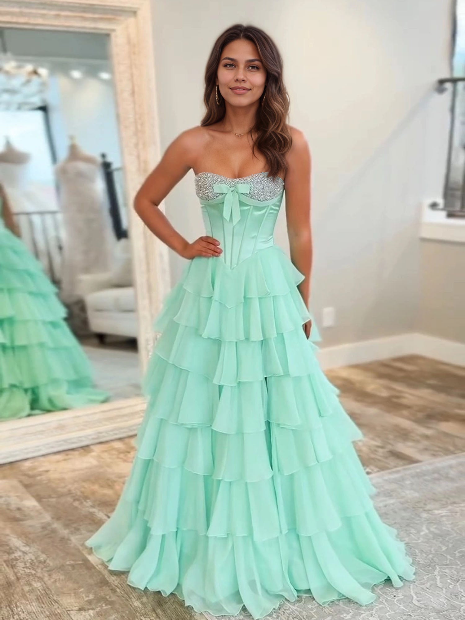 A-Linien Sweetheart Stufen Chiffon langes Ballkleid mit Perlenbesatz