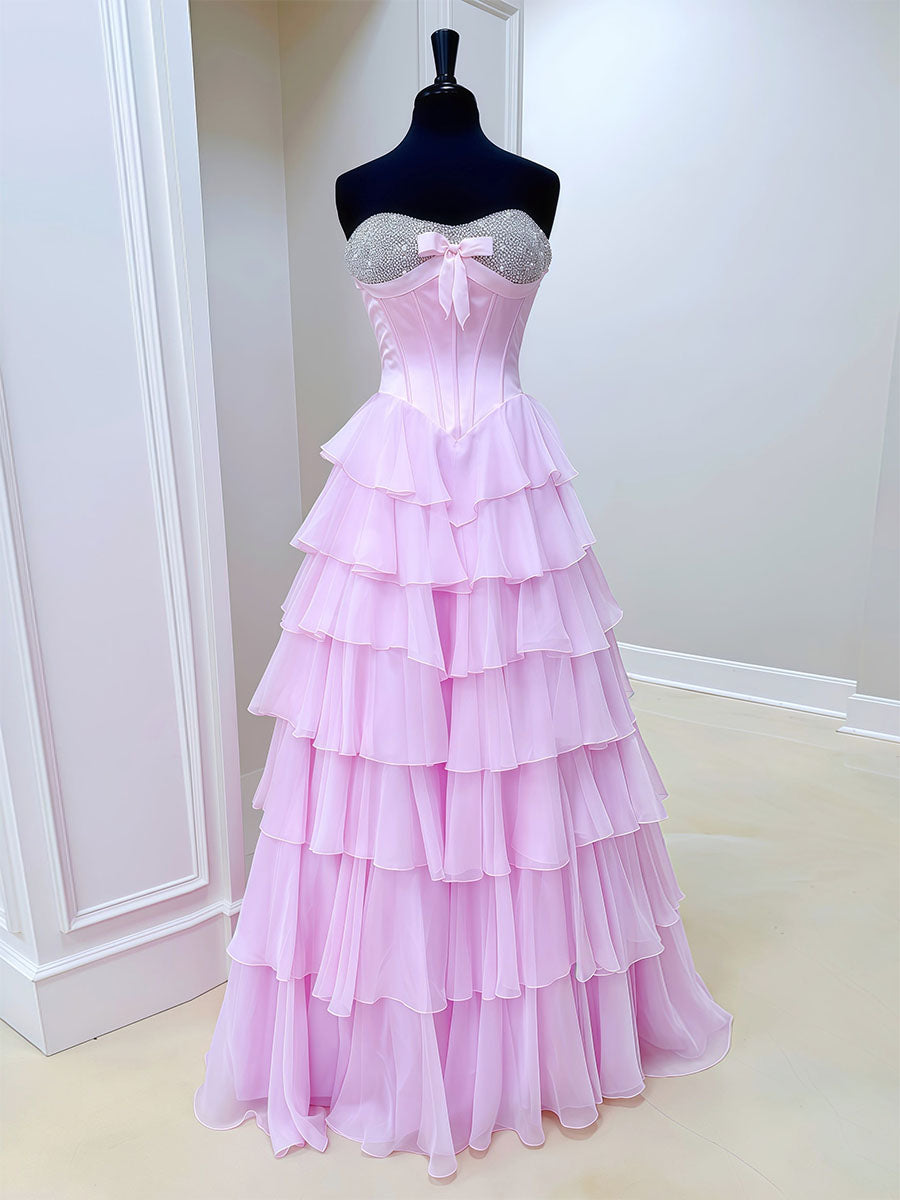 A-Linien Sweetheart Stufen Chiffon langes Ballkleid mit Perlenbesatz