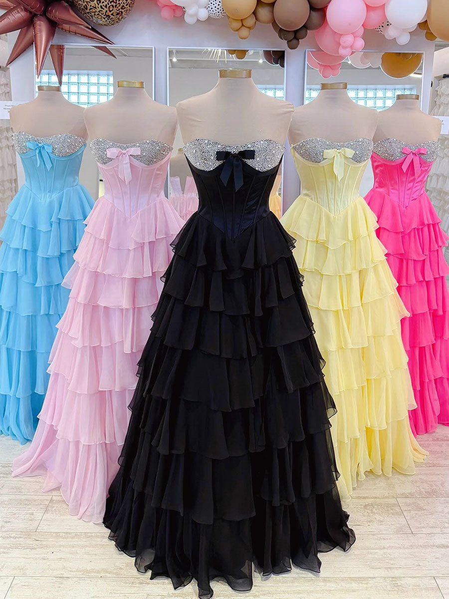 A-Linien Sweetheart Stufen Chiffon langes Ballkleid mit Perlenbesatz