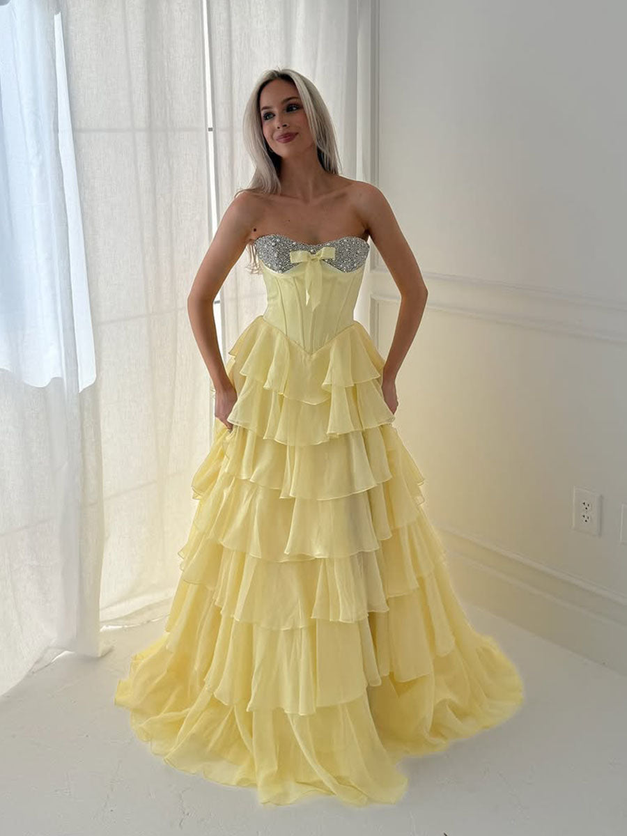 A-Linien Sweetheart Stufen Chiffon langes Ballkleid mit Perlenbesatz