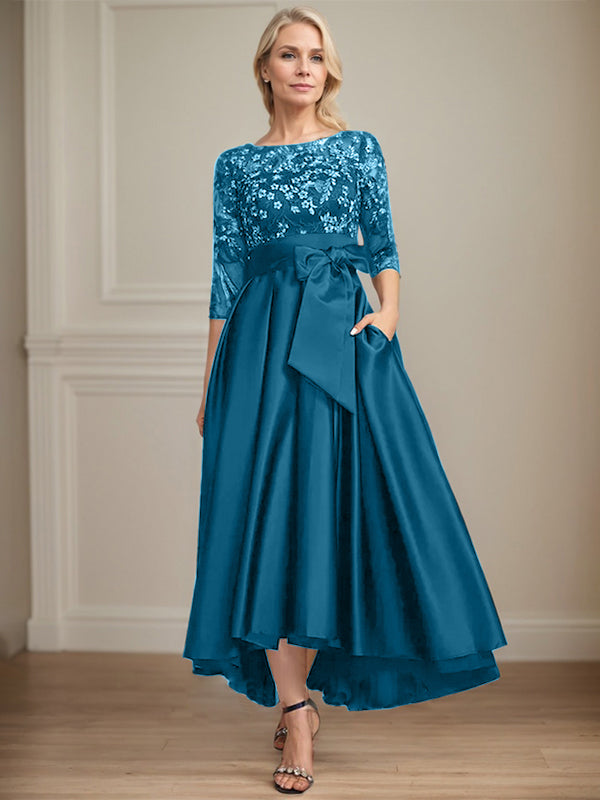 A-line Scoop Illusion Asymmetrical Satin Lace Mother of the Bride Dress With Bow