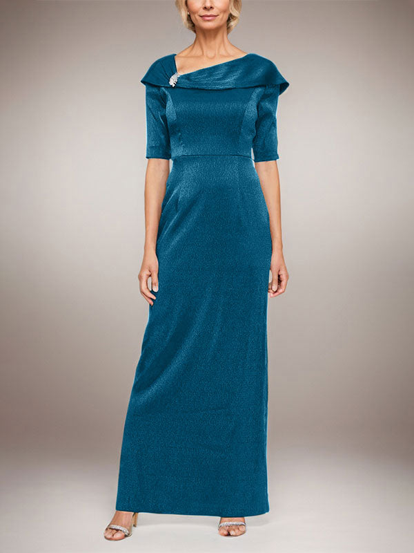 Langes schimmerndes Säulenkleid mit umgeschlagenem Ärmelbündchen, L-Ausschnitt und Ellbogenärmeln