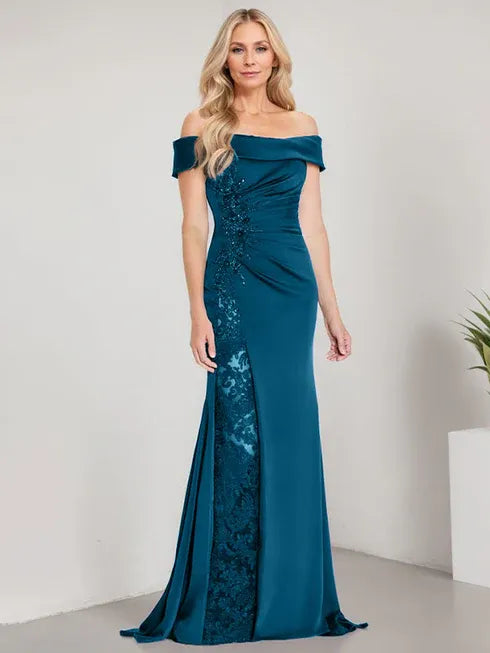 A-Linien Schulterfreies bodenlanges Brautmutterkleid mit Applikationen und Perlenbesatz Meerjungfrauenkleid mit hohem Schlitz