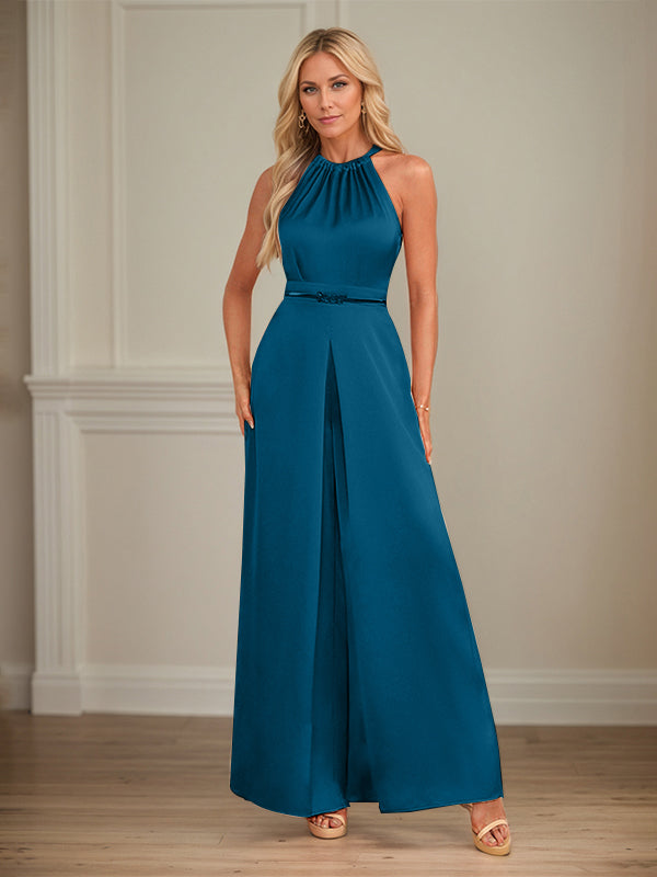 Jumpsuits Neckholder bodenlanges Satin Hochzeitskleid