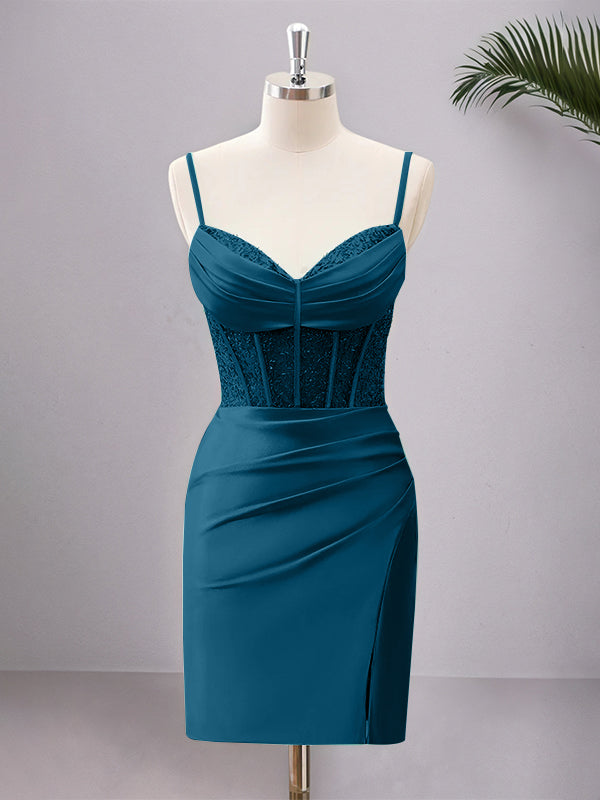 Robe de bal moulante corset en satin à bretelles spaghetti avec fente