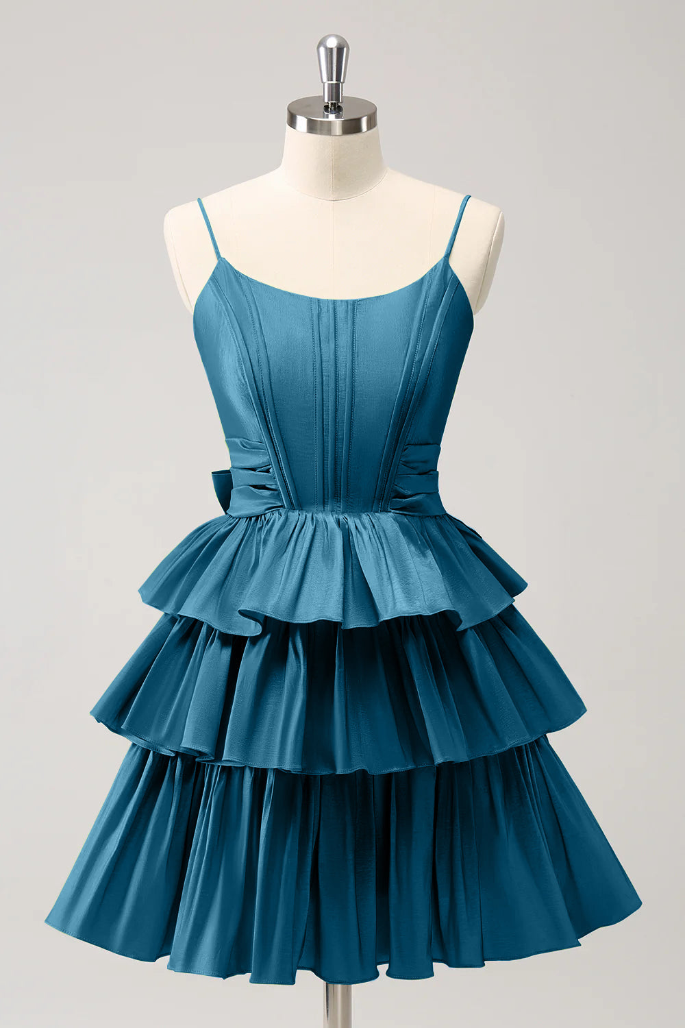 A-Linien Corsagen-Kleid mit Spaghettiträgern, gestuften Rüschen und Schleife für den Abschlussball