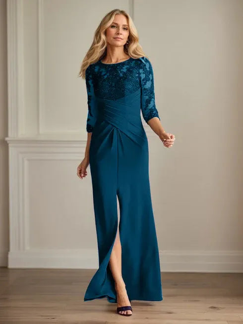 Pflaumenfarbenes eng anliegendes Spitzen Stretch Krepp Kleid für die Brautmutter