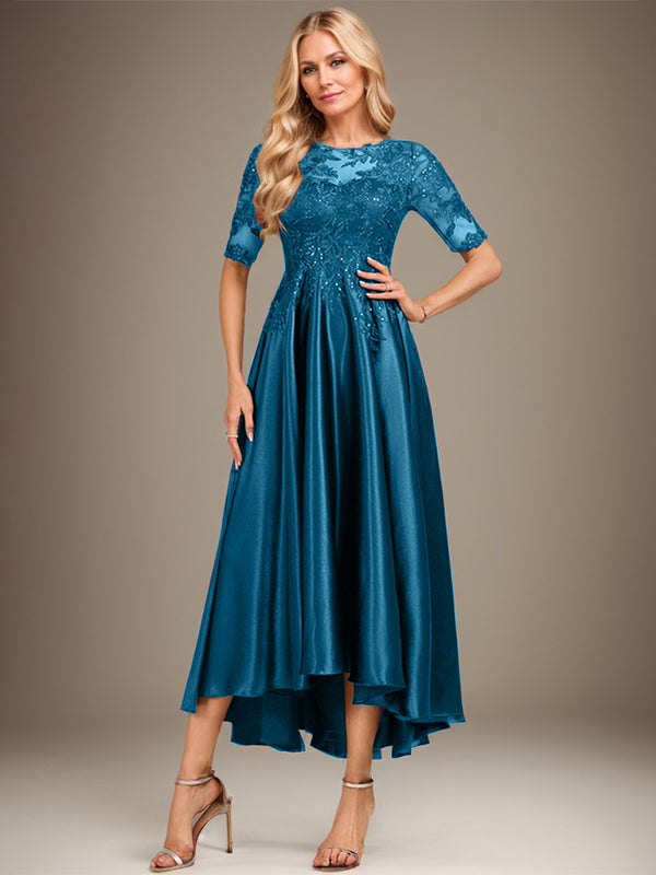 A-Linie Rundhalsausschnitt Illusion Asymmetrisches Stretch-Satin-Spitzen-Brautmutterkleid mit Pailletten