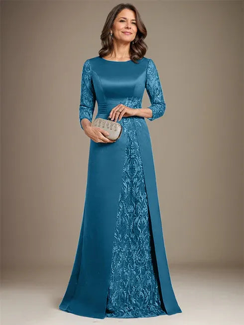 Vestido de madre de la novia largo hasta el suelo con encaje, satén, línea A, escote redondo y aplicaciones