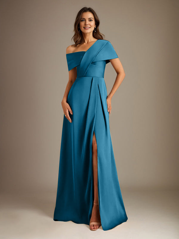 A-Linien asymmetrischer Ausschnitt bodenlanges Satin-Brautkleid für die Brautmutter mit Falten
