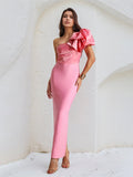 Knallpinkes Satin Ein-Schulter Ärmelloses Knöchellanges Kleid mit Rüschen