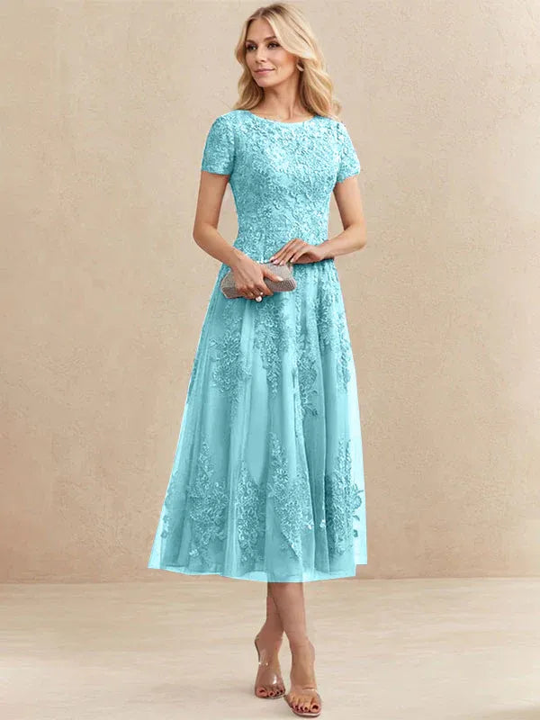 Robe de mère de la mariée A-line en tulle et dentelle, col arrondi, longueur thé