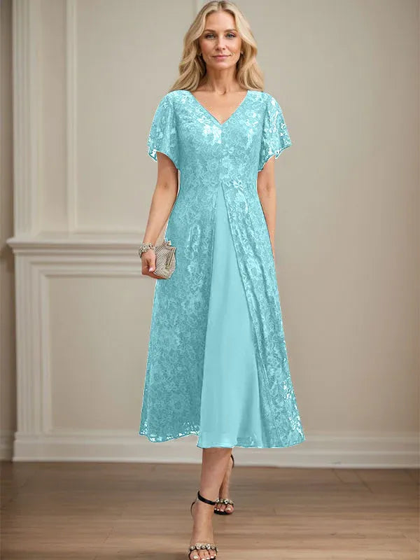 Robe mère de la mariée ligne A en dentelle et mousseline à col en V longueur thé