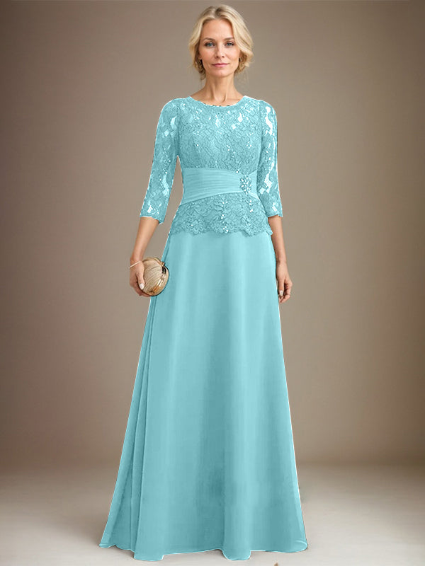 A-Linien Kleid mit Scoop-Ausschnitt, Illusion, bodenlangem Chiffon und Spitze, Mutter-der-Braut-Kleid mit plissierten Pailletten und Perlenbesatz