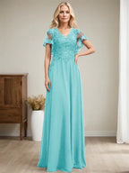 A-Linien V-Ausschnitt Bodenlanges Spitzen-Chiffon Kleid für die Brautmutter mit Pailletten