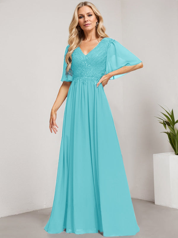 Robe mère de la mariée ligne A col en V longue en dentelle et chiffon avec sequins