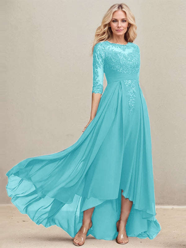 A-Linien Ausschnitt Illusions Asymmetrisches Spitzen-Chiffon Kleid für die Mutter der Braut mit plissierten Pailletten