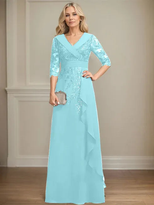 A-Linien Kleid mit Kragen, V-Ausschnitt, bodenlang, aus Spitze und Chiffon, Mutter der Braut Kleid mit Pailletten und fallenden Rüschen