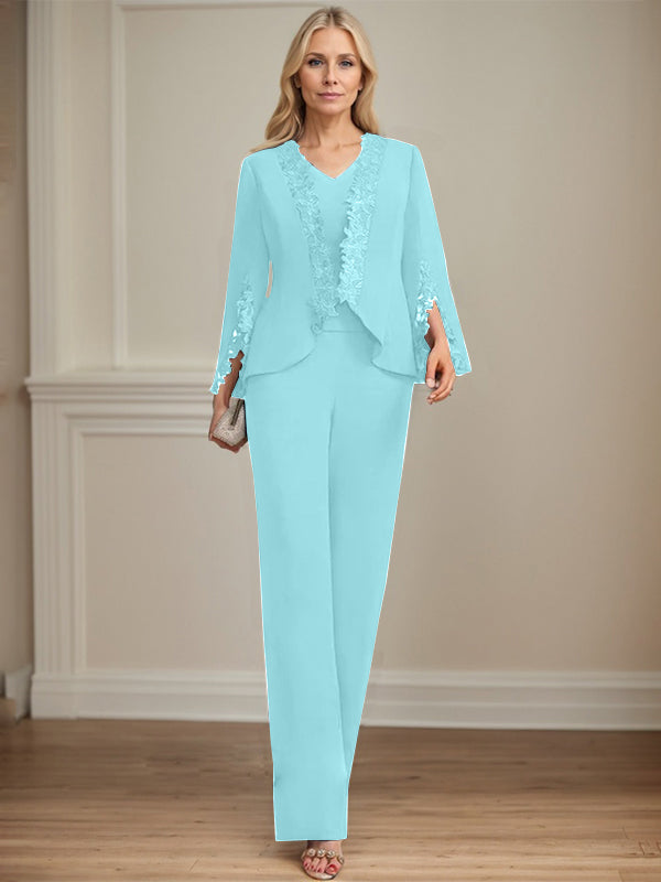 Zweiteiler Jumpsuit/Hosenanzug V-Ausschnitt bodenlanges Chiffon Mutter der Braut Kleid