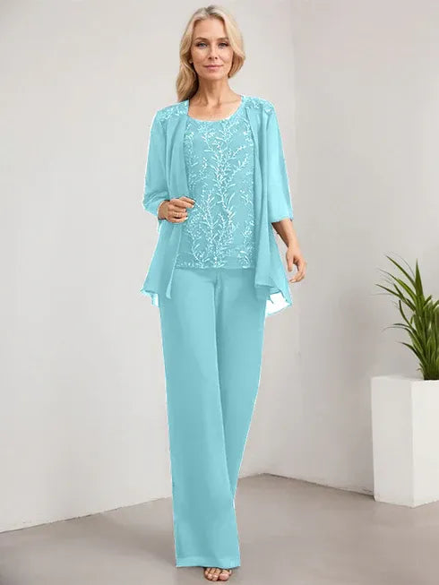 Zweiteiler Jumpsuit/Hosenanzug U-Ausschnitt bodenlanges Spitzen Chiffon Mutter der Braut Kleid mit Pailletten
