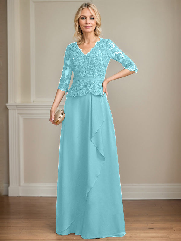 Robe mère de la mariée en dentelle et chiffon, coupe évasée, encolure en V, longue au sol avec volants en cascade et sequins