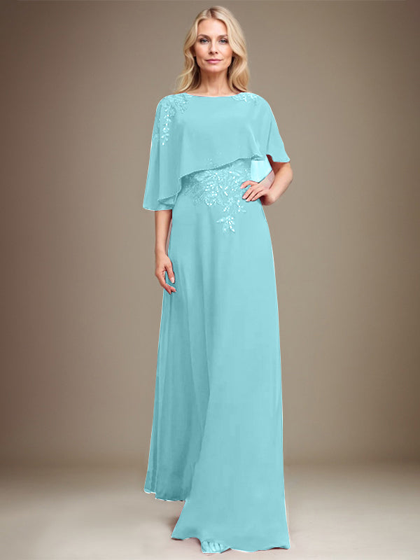 A-Linie Rundhals Bodenlanges Chiffon-Spitzenkleid für die Brautmutter mit Pailletten und Perlen