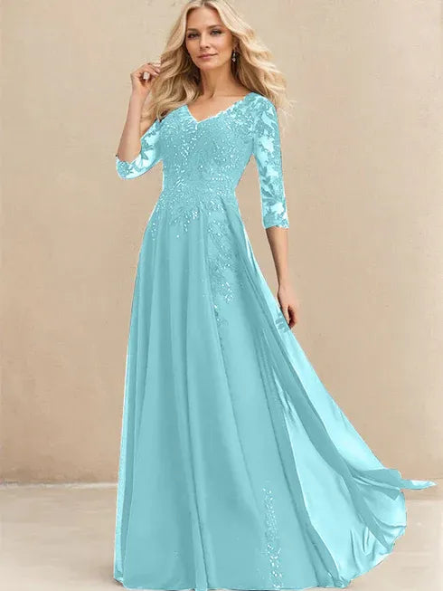 A-Linien V-Ausschnitt Bodenlanges Spitzen-Chiffon Kleid für die Brautmutter mit Pailletten