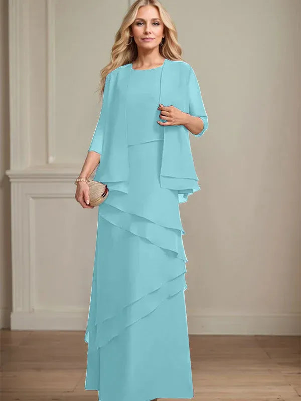 Abito da madre della sposa in chiffon a colonna con scollatura a U e lunghezza fino a terra