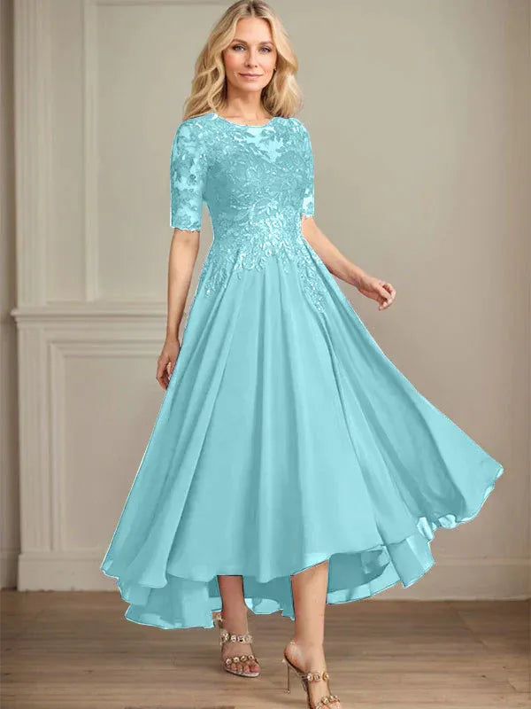 A-Linien Scoop-Ausschnitt Illusion asymmetrisches Chiffon-Spitzen-Mutter-der-Braut-Kleid mit Pailletten