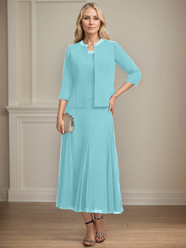 Separates A-Linien Chiffonkleid mit Rundhalsausschnitt, tea-length, Mutter der Braut mit Pailletten und Perlen