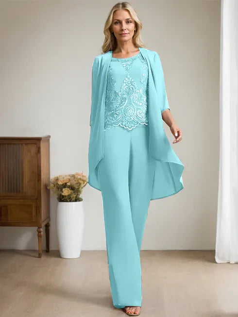 Zweiteiler Jumpsuit/Hosenanzug mit Rundhalsausschnitt, bodenlanges Chiffon-Spitzenkleid für die Mutter der Braut mit Perlen und Pailletten