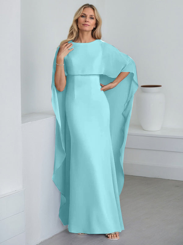 Etui-Kleid mit Rundhalsausschnitt, bodenlang, Chiffon, Mutter-der-Braut-Kleid mit kaskadierenden Rüschen