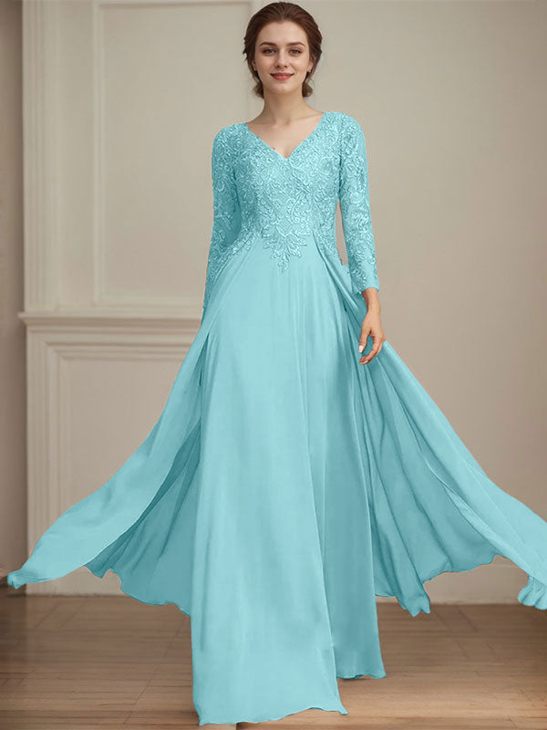 A-Linien V-Ausschnitt Bodenlanges Spitzen-Chiffon Kleid für die Brautmutter mit Pailletten