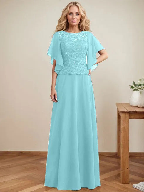 A-Linien Rundhals Illusions-Bodenlanges Spitzen-Chiffon Mutter-der-Braut-Kleid mit Pailletten