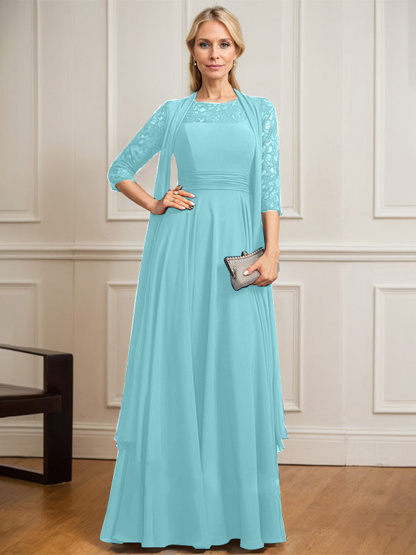 A-Linien Kleid mit Rundhalsausschnitt, Illusion, bodenlang aus Spitze und Chiffon, Mutter-der-Braut-Kleid mit Faltenwurf