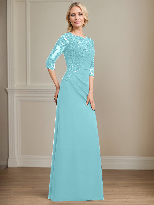 A-Linie Rundhals bodenlanges Chiffon Spitzen Brautmutterkleid mit Perlen Falten Pailletten