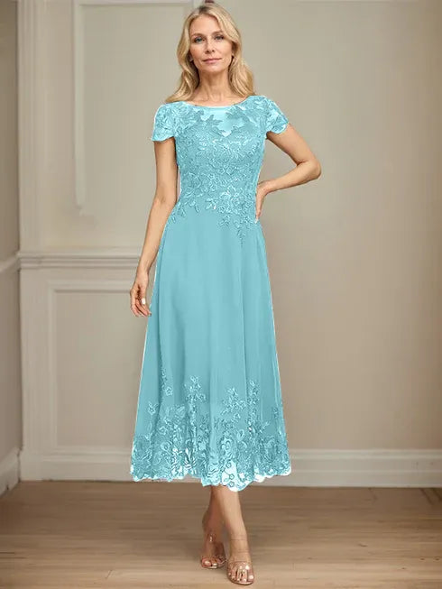 A-Linien Illusions Rundhals tea-langes Spitzenchiffon Mutter der Braut Kleid mit Pailletten