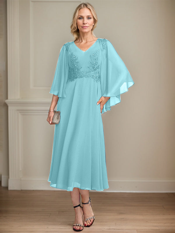 A-Linien-Brautmutterkleid aus Chiffon, V-Ausschnitt, tea-length mit Spitze, Pailletten und Perlen