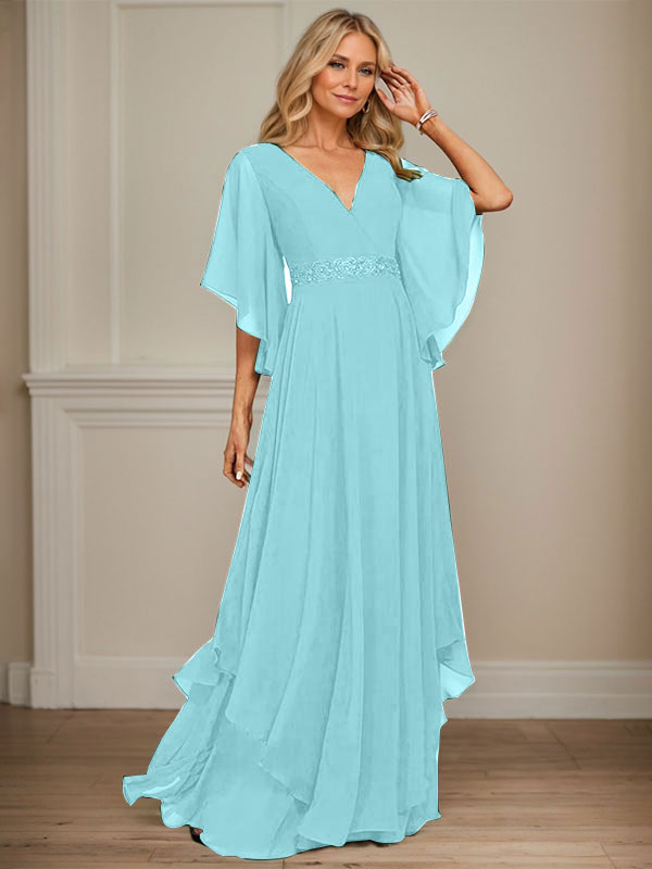 A-Linien V-Ausschnitt bodenlanges Chiffon-Mutter-der-Braut-Kleid mit Pailletten-Applikationen, Spitze und Perlen