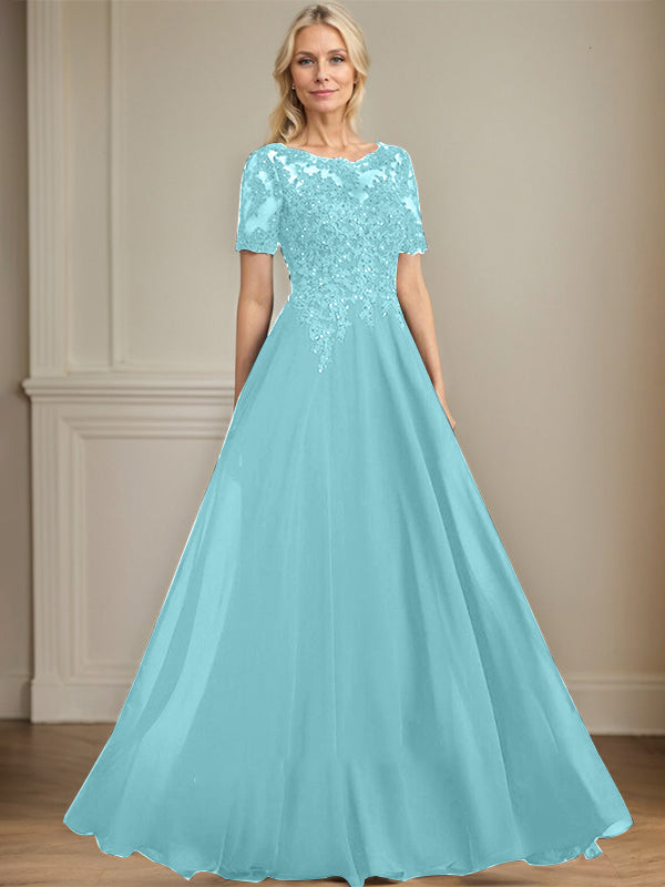 A-Linien Rundhals Illusions-Bodenlanges Chiffon-Spitzenkleid für die Mutter der Braut mit Pailletten und Perlen