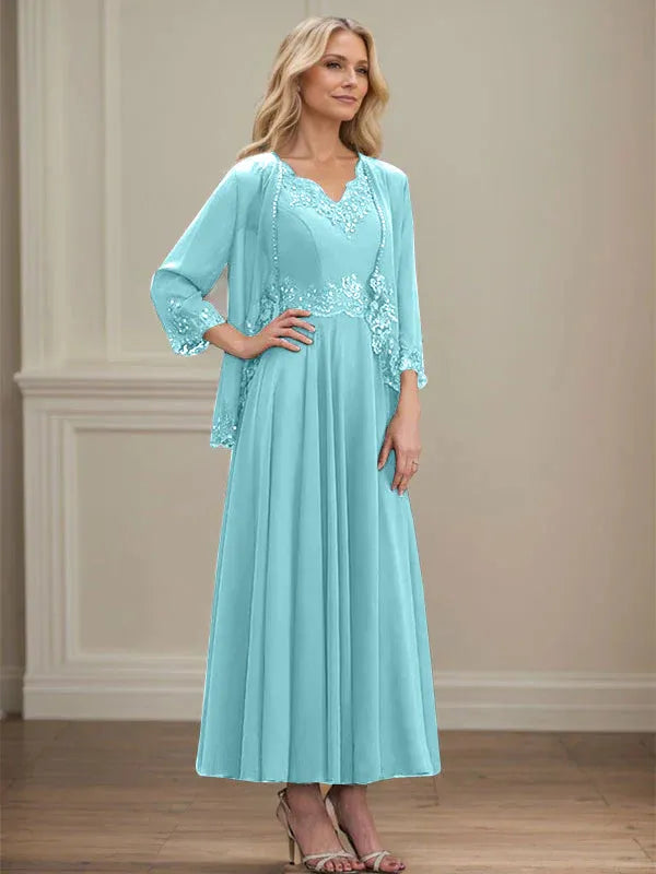 A-Linien Kleid mit V-Ausschnitt, knöchellang, aus Chiffon, Mutter der Braut Kleid mit Pailletten, Applikationen, Spitze und Perlenbesatz