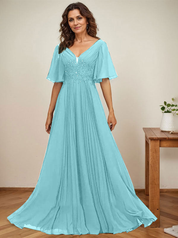 A-Linien V-Ausschnitt bodenlanges Chiffon Mutterkleid der Braut mit Pailletten-Applikationen, Spitze und Falten